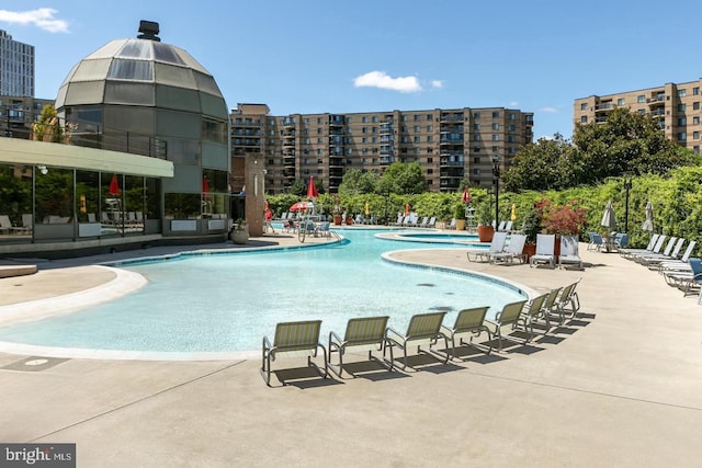 view of pool featuring a patio area