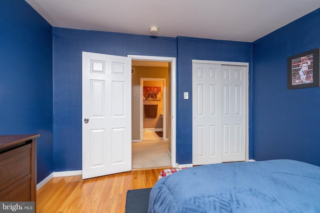 bedroom featuring wood-type flooring and a closet