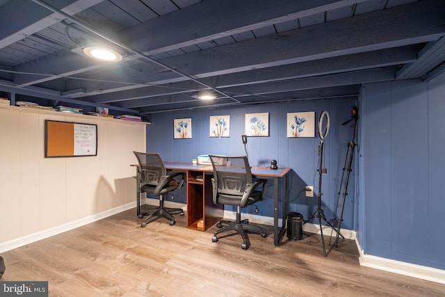 office area featuring hardwood / wood-style floors, wooden ceiling, and beam ceiling