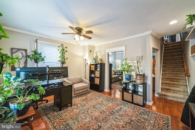 office with dark hardwood / wood-style flooring, ornamental molding, and ceiling fan