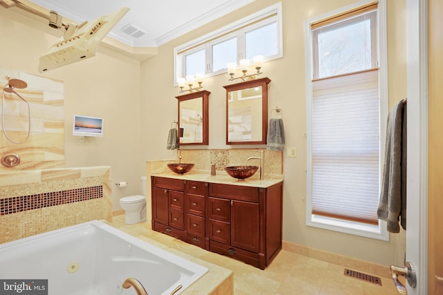 full bathroom featuring decorative backsplash, vanity, separate shower and tub, toilet, and crown molding