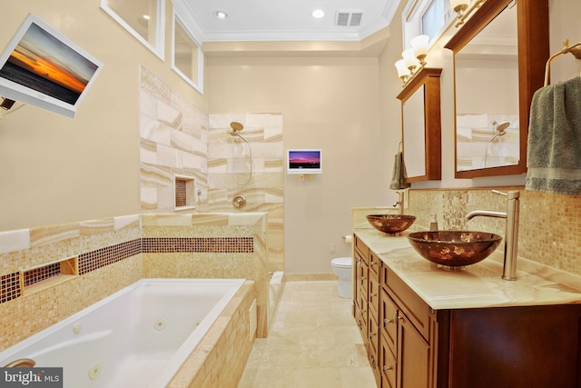 full bathroom featuring backsplash, vanity, ornamental molding, independent shower and bath, and toilet