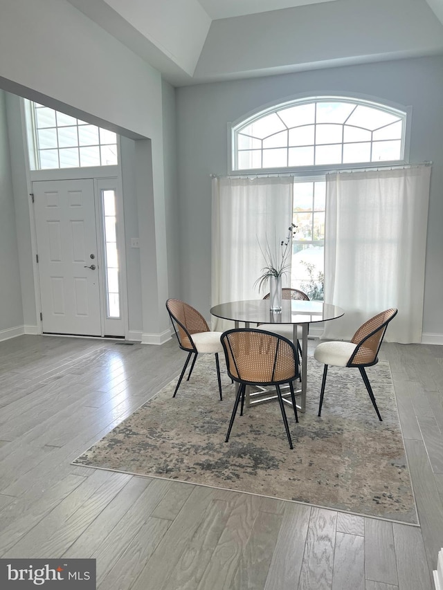 dining room with a towering ceiling and light hardwood / wood-style flooring