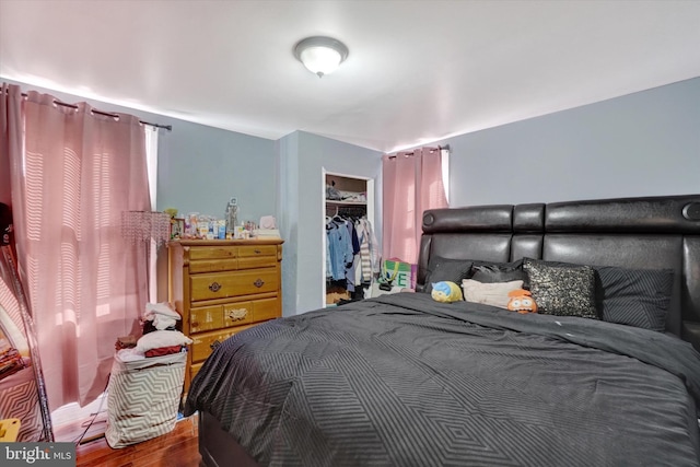 bedroom with hardwood / wood-style floors, a spacious closet, and a closet