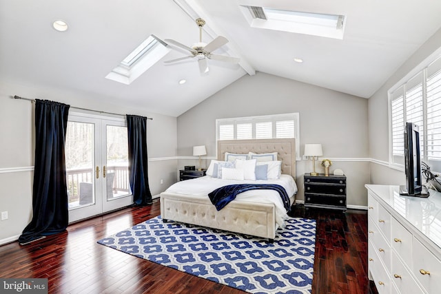 bedroom with multiple windows, lofted ceiling with skylight, dark wood-type flooring, and access to outside