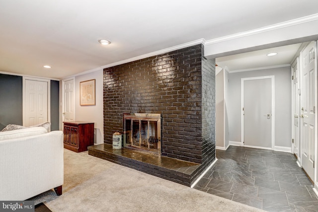 living room with crown molding and a brick fireplace