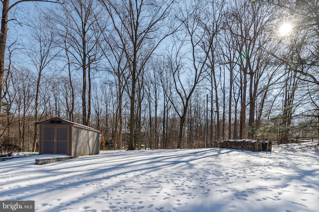 snowy yard featuring a shed