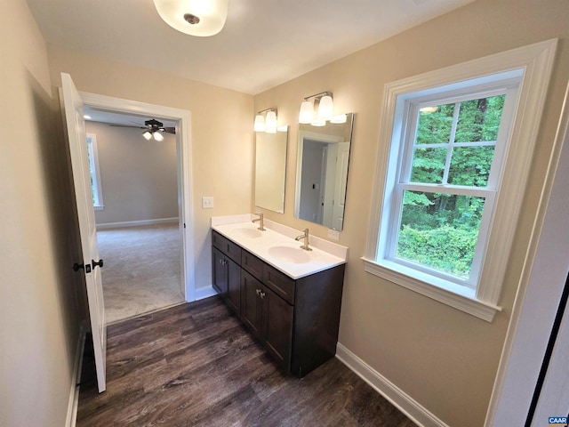 bathroom with vanity, hardwood / wood-style floors, and plenty of natural light