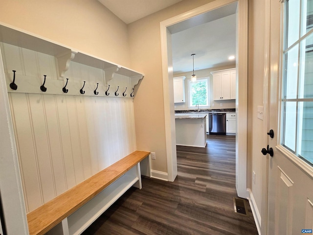 mudroom featuring dark hardwood / wood-style flooring and sink