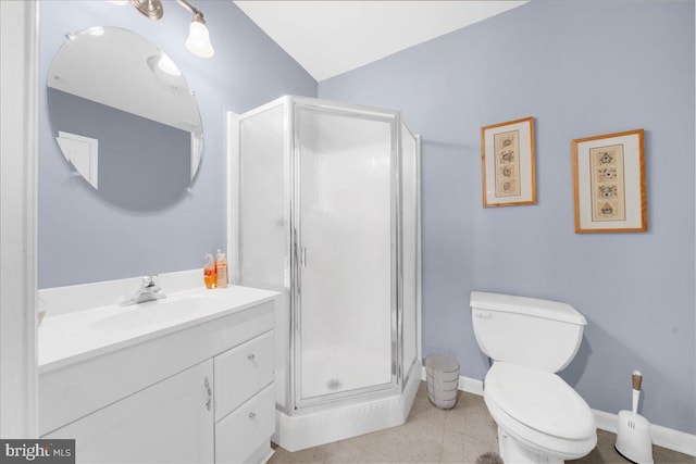 bathroom with walk in shower, vanity, toilet, and tile patterned flooring