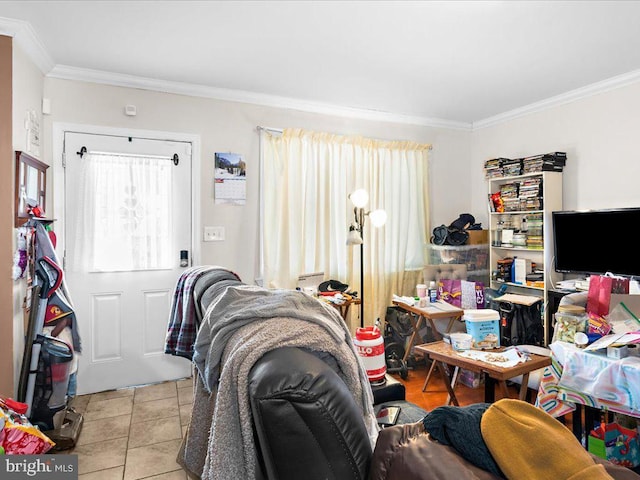 tiled living room featuring crown molding