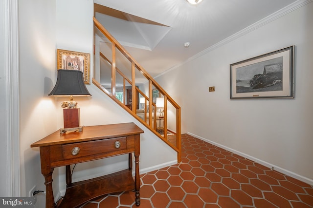 stairs featuring ornamental molding