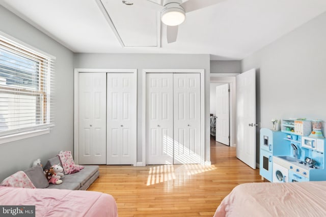 bedroom with hardwood / wood-style flooring, ceiling fan, and two closets