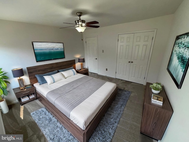 bedroom with dark carpet and ceiling fan