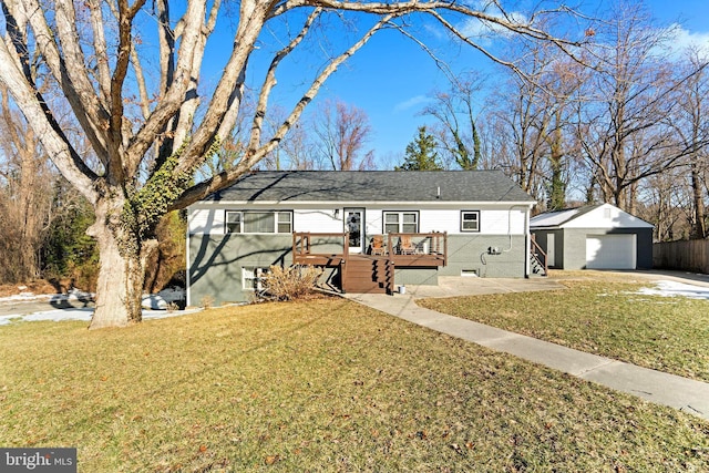 ranch-style house with a garage, a wooden deck, an outdoor structure, and a front yard