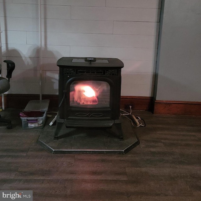 interior details featuring wood-type flooring and a wood stove