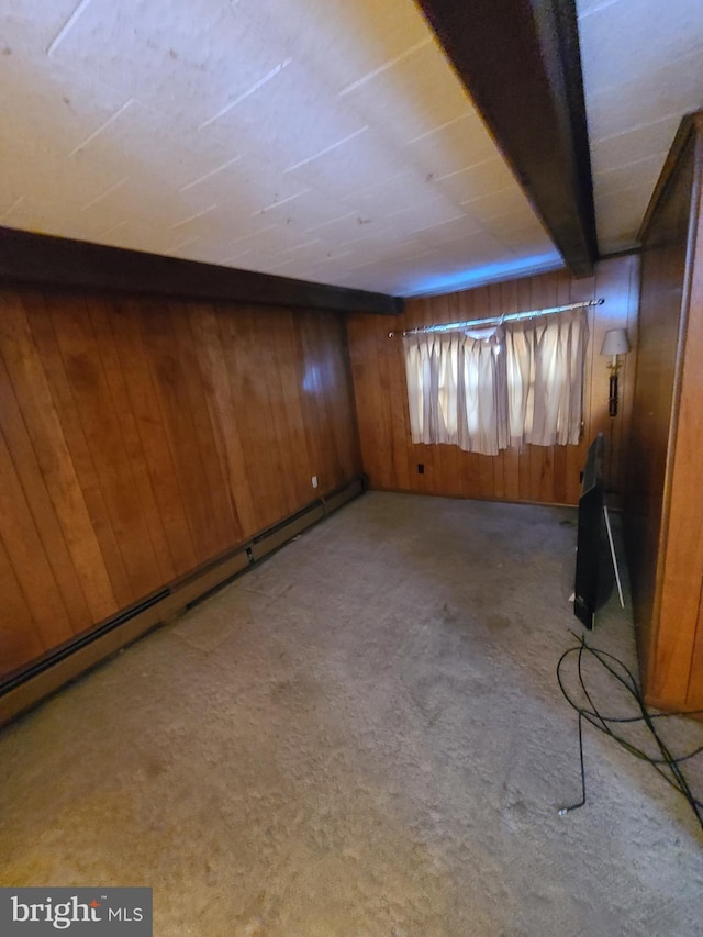 unfurnished room featuring light colored carpet, a baseboard radiator, and wood walls