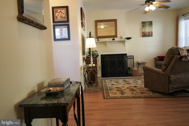 living room with hardwood / wood-style flooring and ceiling fan