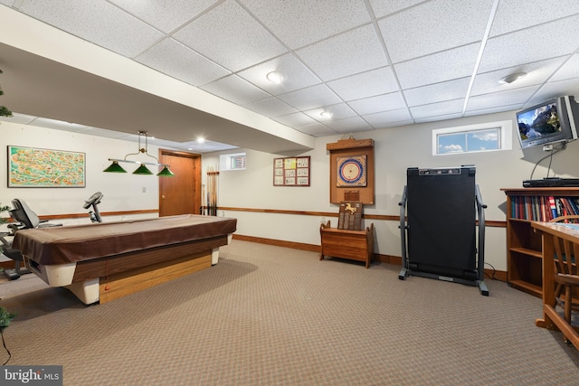 rec room featuring a paneled ceiling, baseboards, carpet, and billiards