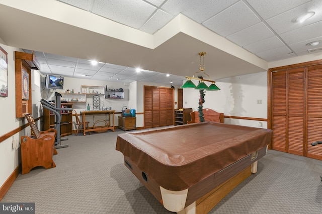 recreation room with a drop ceiling, billiards, and carpet floors