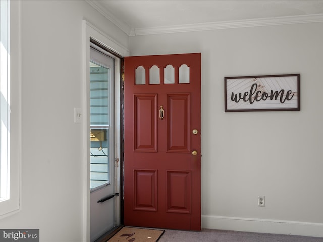 entrance foyer with ornamental molding, carpet, and baseboards