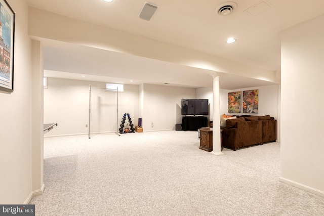 finished below grade area featuring recessed lighting, baseboards, visible vents, and carpet flooring