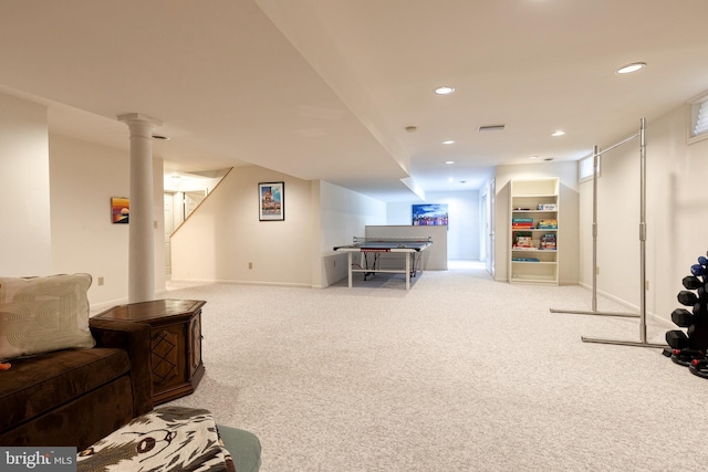 interior space featuring recessed lighting, light carpet, visible vents, and baseboards