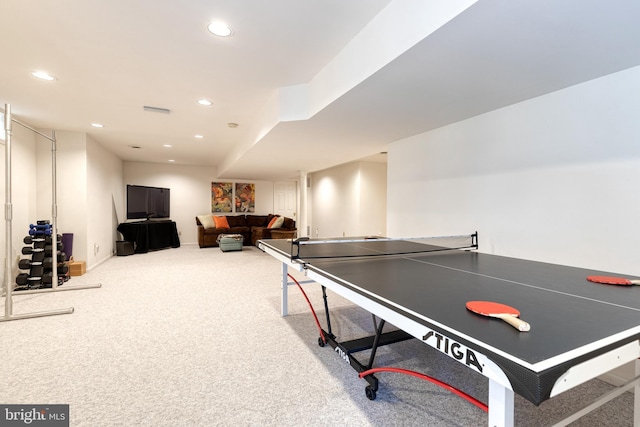 rec room with carpet floors and recessed lighting