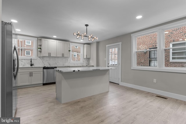 kitchen with light hardwood / wood-style flooring, stainless steel appliances, a center island, tasteful backsplash, and decorative light fixtures