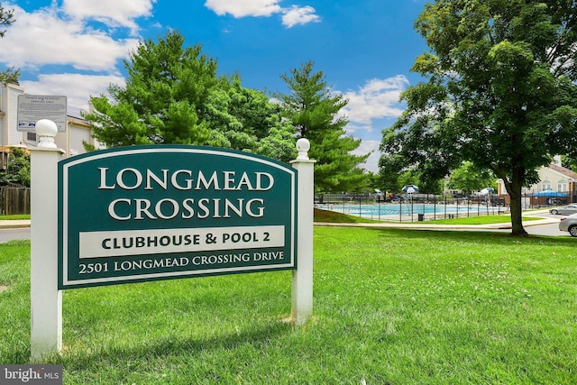 surrounding community with a swimming pool and a lawn