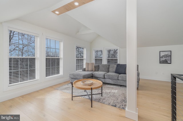 living room with vaulted ceiling and light hardwood / wood-style floors