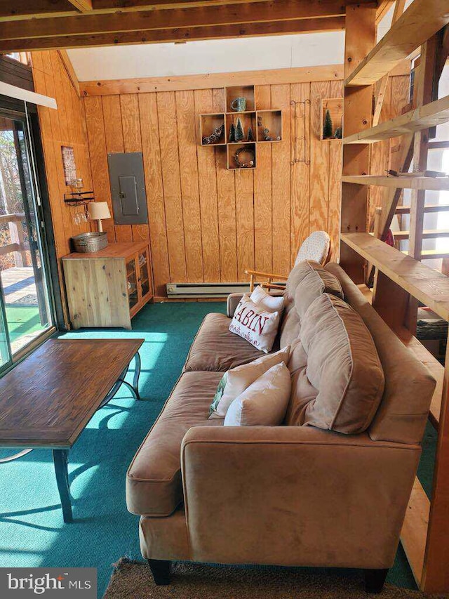 carpeted living room featuring a baseboard radiator, plenty of natural light, electric panel, and wood walls