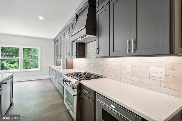 kitchen featuring custom exhaust hood, appliances with stainless steel finishes, gray cabinets, and backsplash