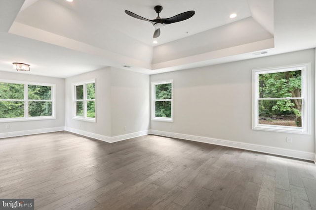 spare room featuring dark wood-type flooring, ceiling fan, and a tray ceiling