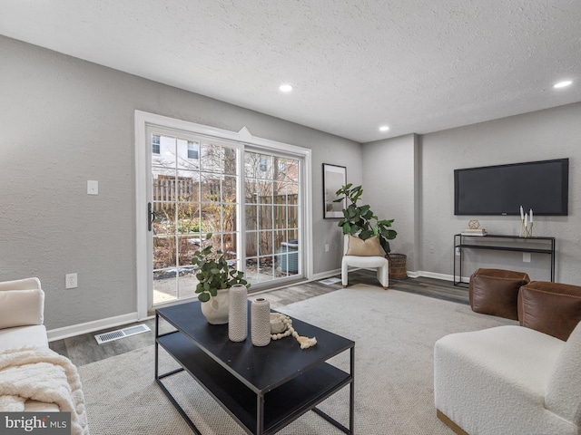 living room featuring hardwood / wood-style flooring and a textured ceiling