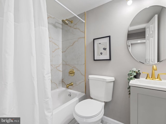 full bathroom with shower / bath combination with curtain, vanity, and toilet