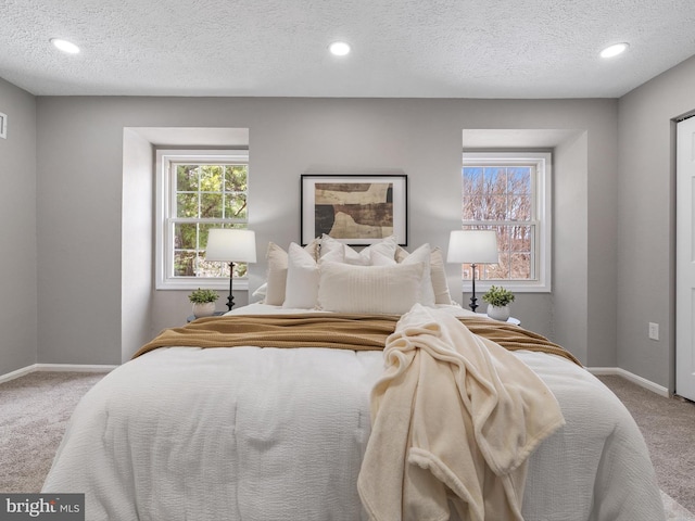 bedroom featuring multiple windows, a textured ceiling, and carpet