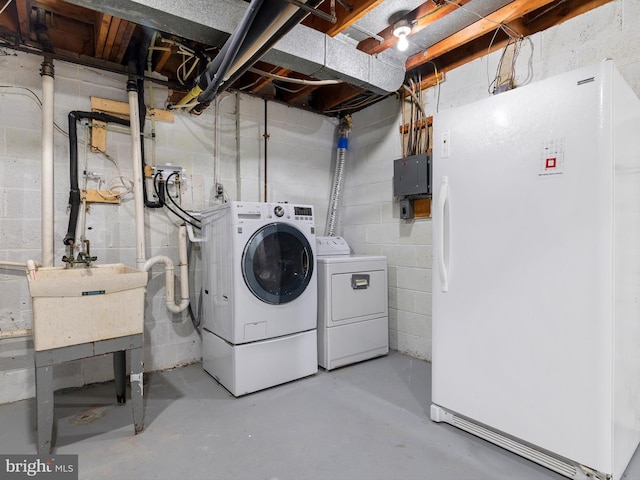 clothes washing area with sink, washer and clothes dryer, and electric panel