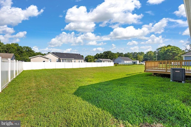 view of yard featuring a deck, central AC unit, and a fenced backyard