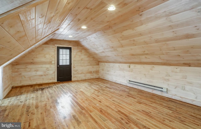 bonus room with wood ceiling, lofted ceiling, wooden walls, and hardwood / wood-style floors