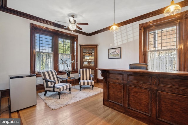 living area featuring ceiling fan, ornamental molding, and light hardwood / wood-style floors