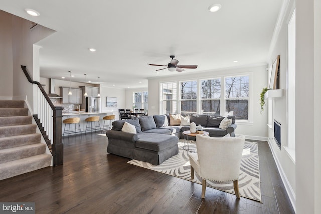 living room with ceiling fan, dark hardwood / wood-style floors, and sink