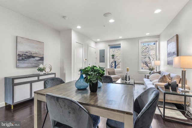 dining area with dark wood-type flooring and electric panel