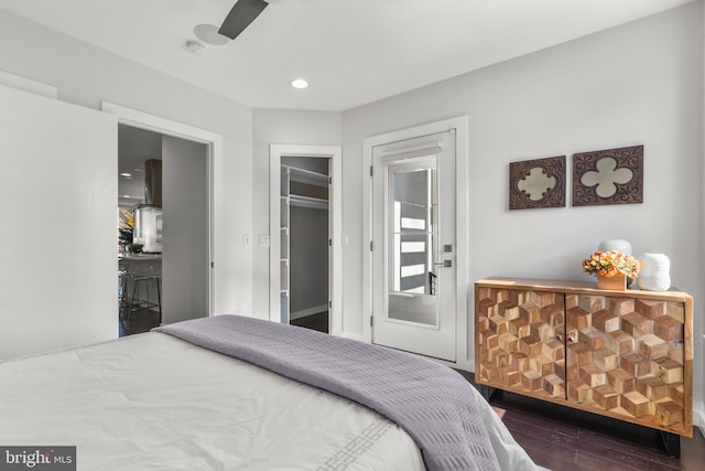 bedroom featuring a walk in closet and dark wood-type flooring