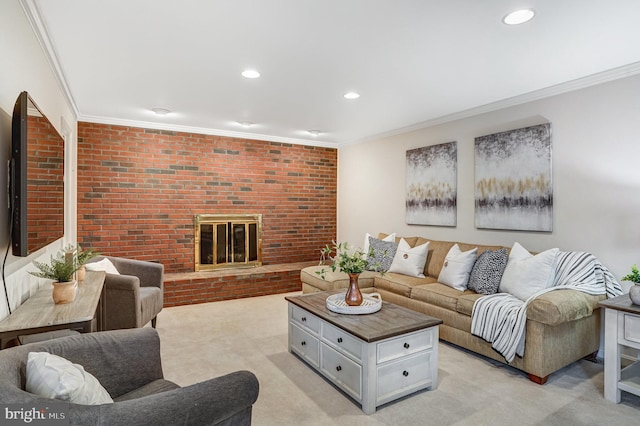 carpeted living room featuring crown molding, brick wall, and a fireplace