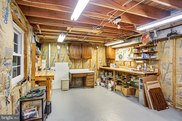 basement with a workshop area