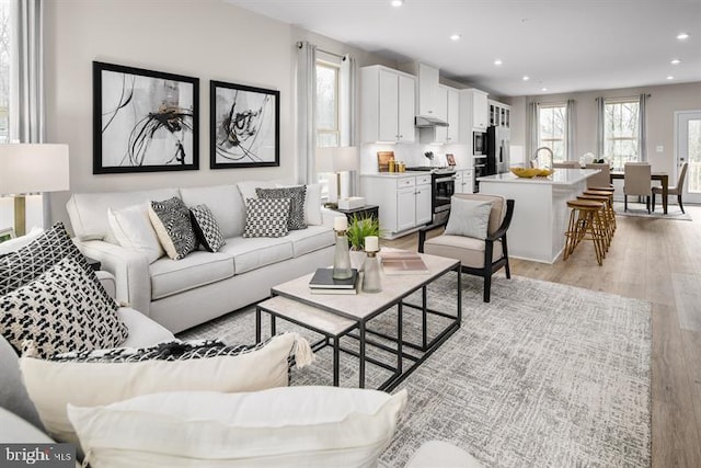 living room with sink and light hardwood / wood-style flooring