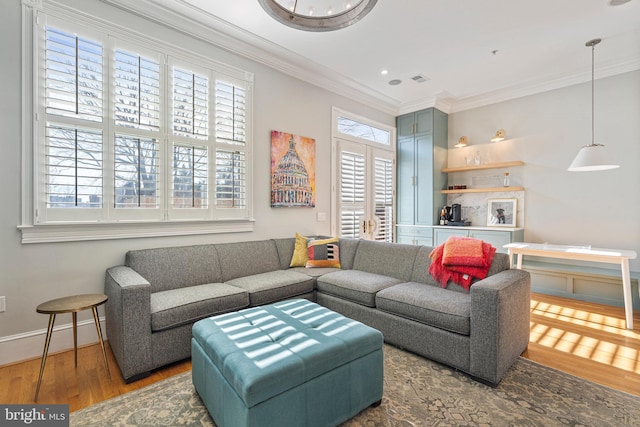 living room featuring ornamental molding and hardwood / wood-style floors