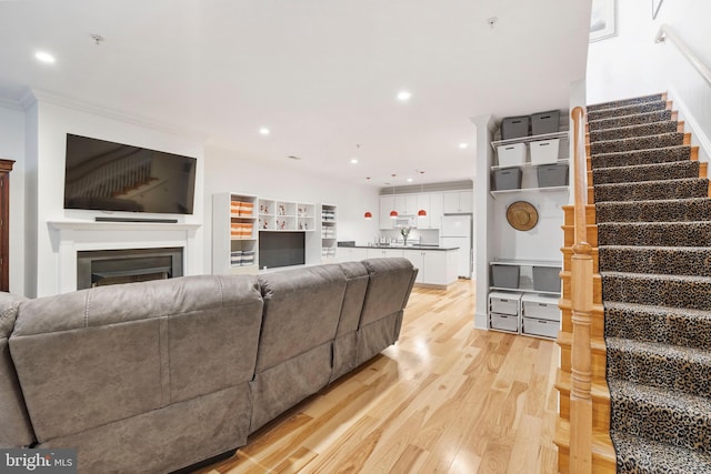 living room featuring light hardwood / wood-style flooring and ornamental molding