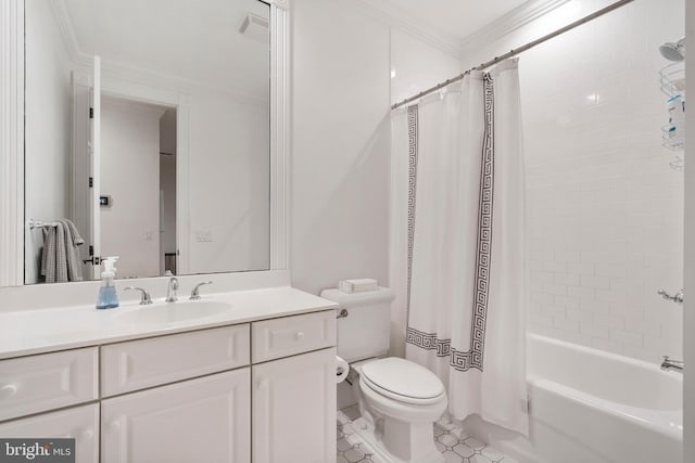 full bathroom featuring vanity, shower / bath combo, toilet, crown molding, and tile patterned floors